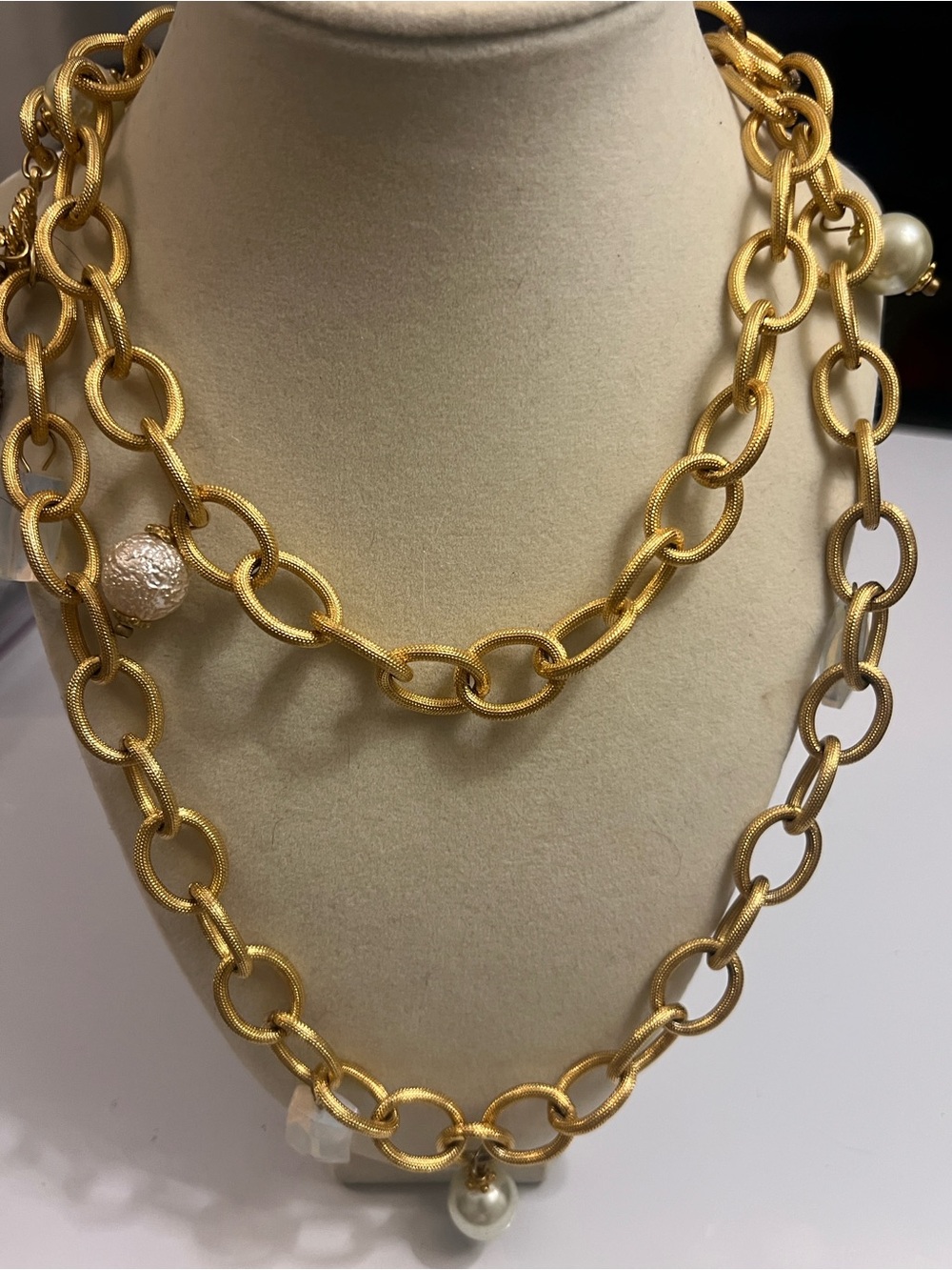 Chunky Long Gold Chain Statement Necklace with Pearl & Stone Accents